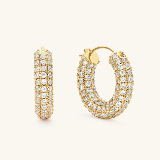 Gold pavé hoop earrings, shown front and side view