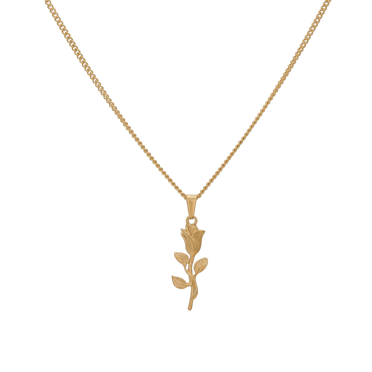 Gold rose pendant necklace with rope chain, isolated on a white background
