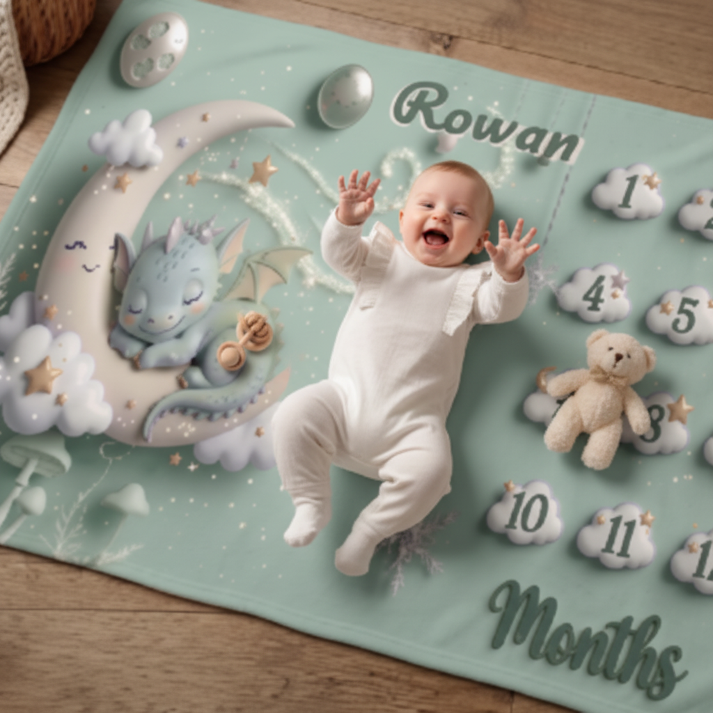 Mint baby milestone blanket with sleeping dragon, numbered months, and “Rowan” at top