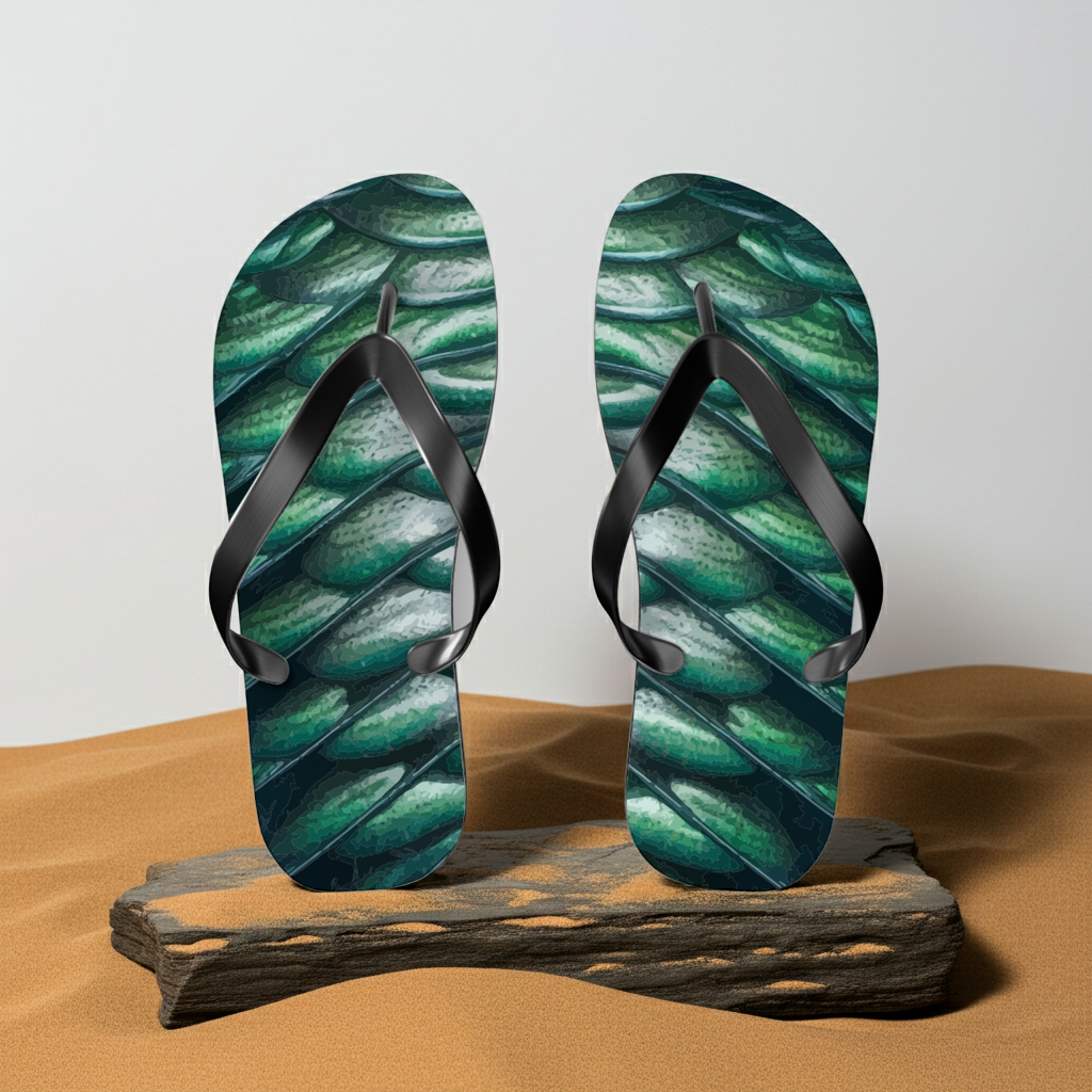 Green merman scales flip flops with black thong straps and textured black sole