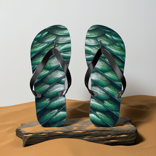 Green merman scales flip flops with black thong straps and textured black sole