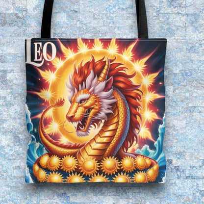 Leo Zodiac Tote Bag – Golden Dragon Sun Celestial Art | 3 Sizes | 5 Handle Colours | Leo Birthday Gift & Astrology Bag
