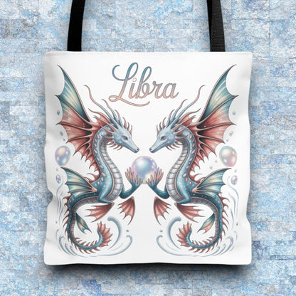 Libra Zodiac Tote Bag with Dragon Art - Libra Birthday Gift for Astrology Lovers, 3 Sizes, 5 Handle Colours