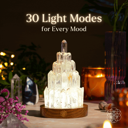 Clear quartz tower lamp glowing on round wooden base