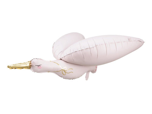 Stork balloon decoration in pale pink and white with gold foil accents, curved wings.