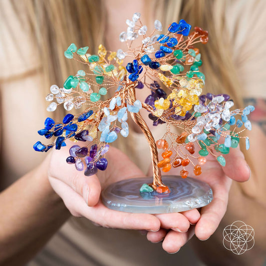 Chakra crystal tree with multicolor gemstone bead branches on a gray resin base