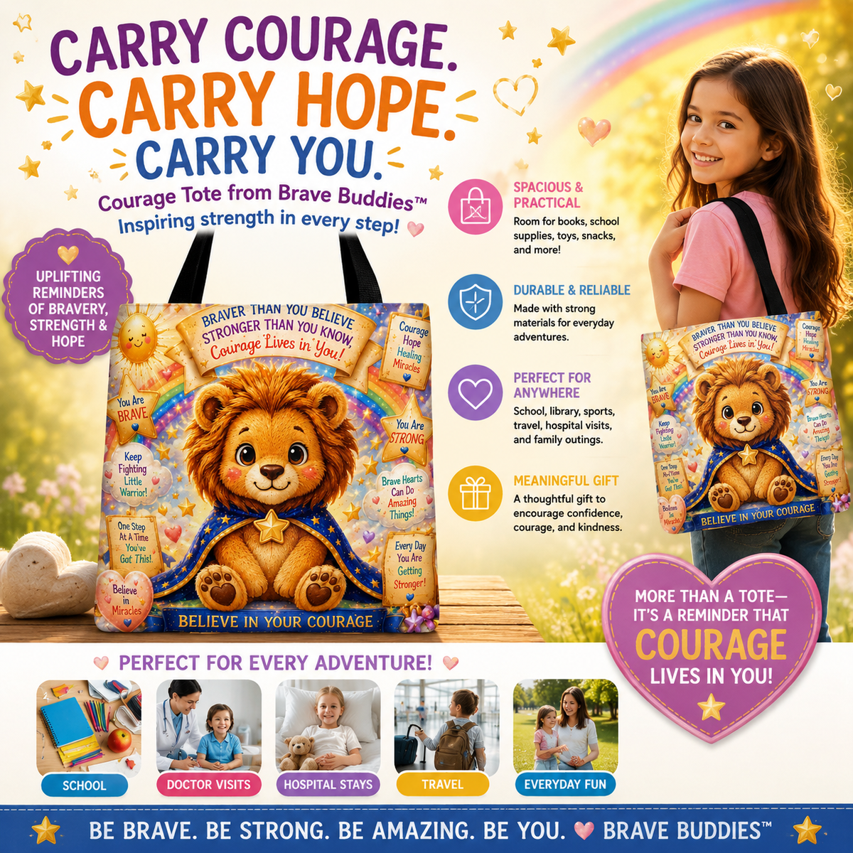 Believe in Your Courage Lion Tote Bag - Cute Leo Lion Kids Encouragement Gift for School, Hospital Visits, and Everyday Adventures