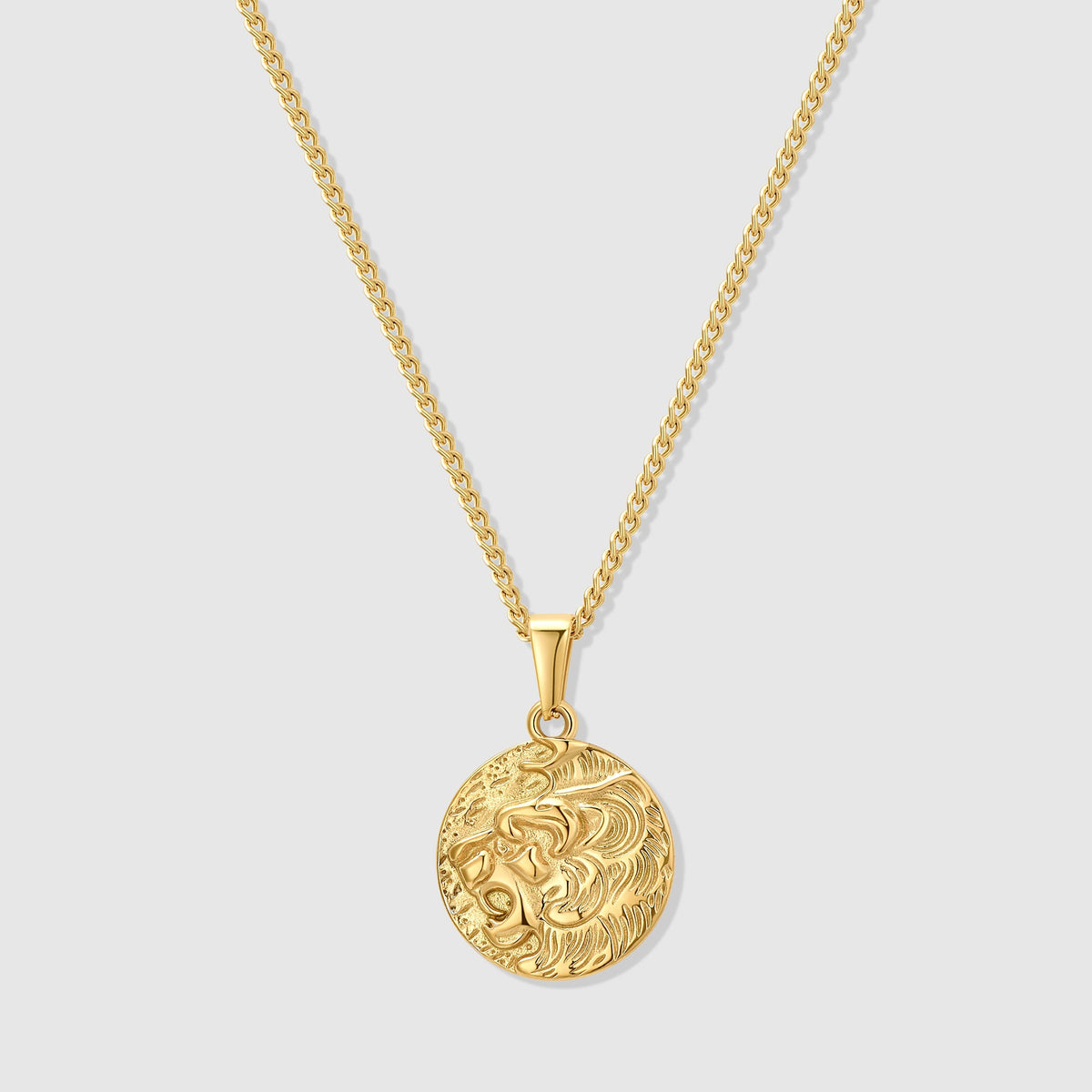 Gold coin pendant necklace with lion medallion and link chain, round medallion close-up.