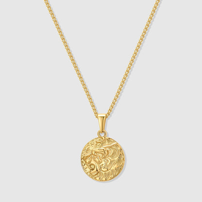 Gold coin pendant necklace with lion medallion and link chain, round medallion close-up.