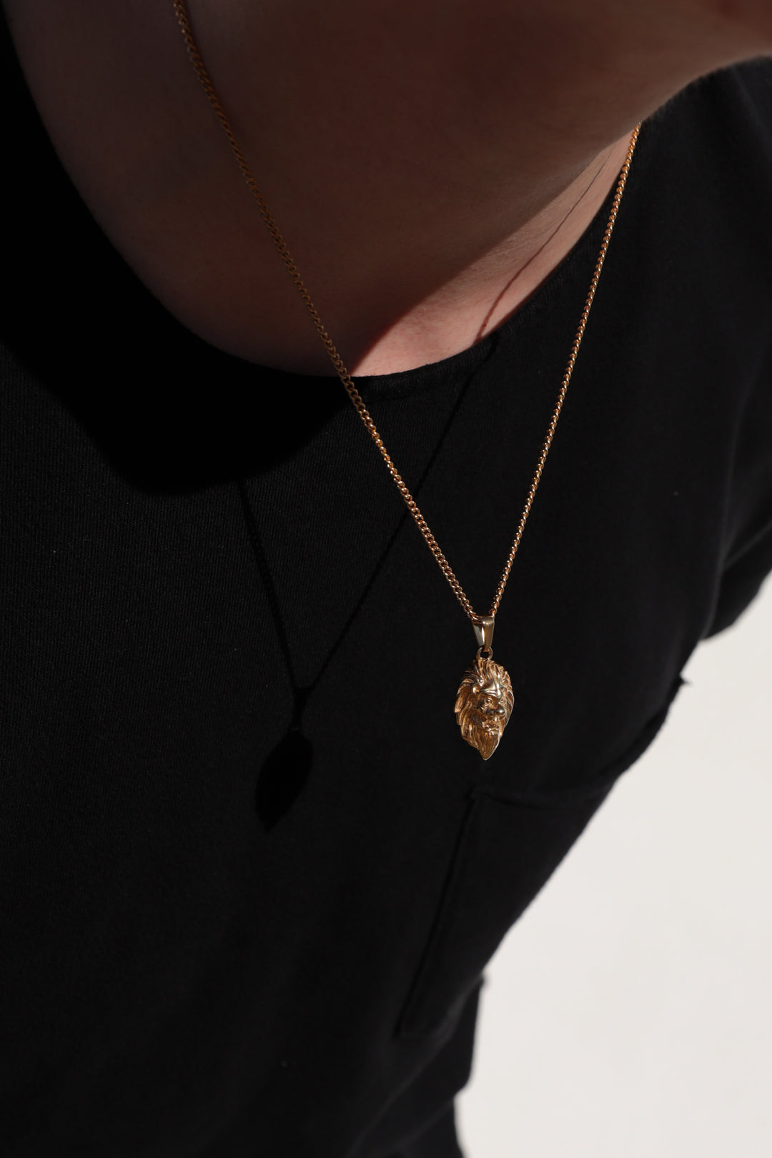 Gold-tone lion head pendant necklace with thin chain, worn at neckline in side view.