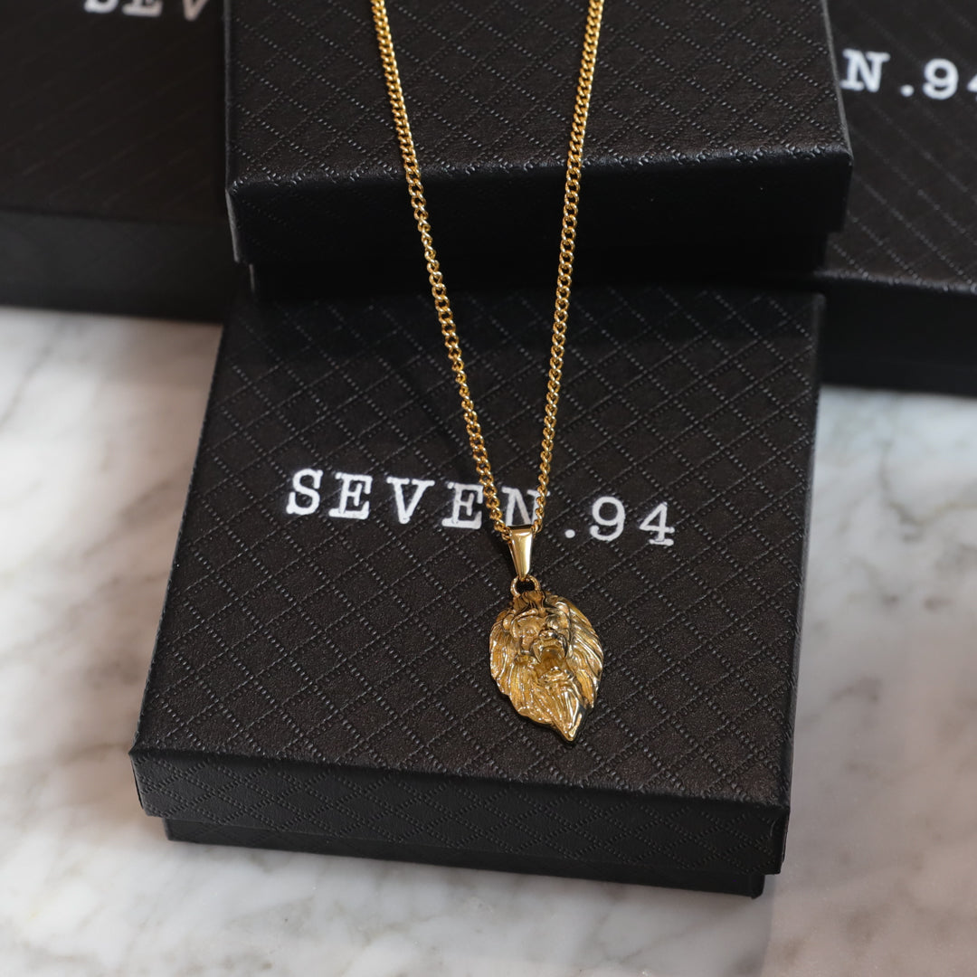 Gold-tone lion head pendant necklace with fine chain, pendant shown against product box.