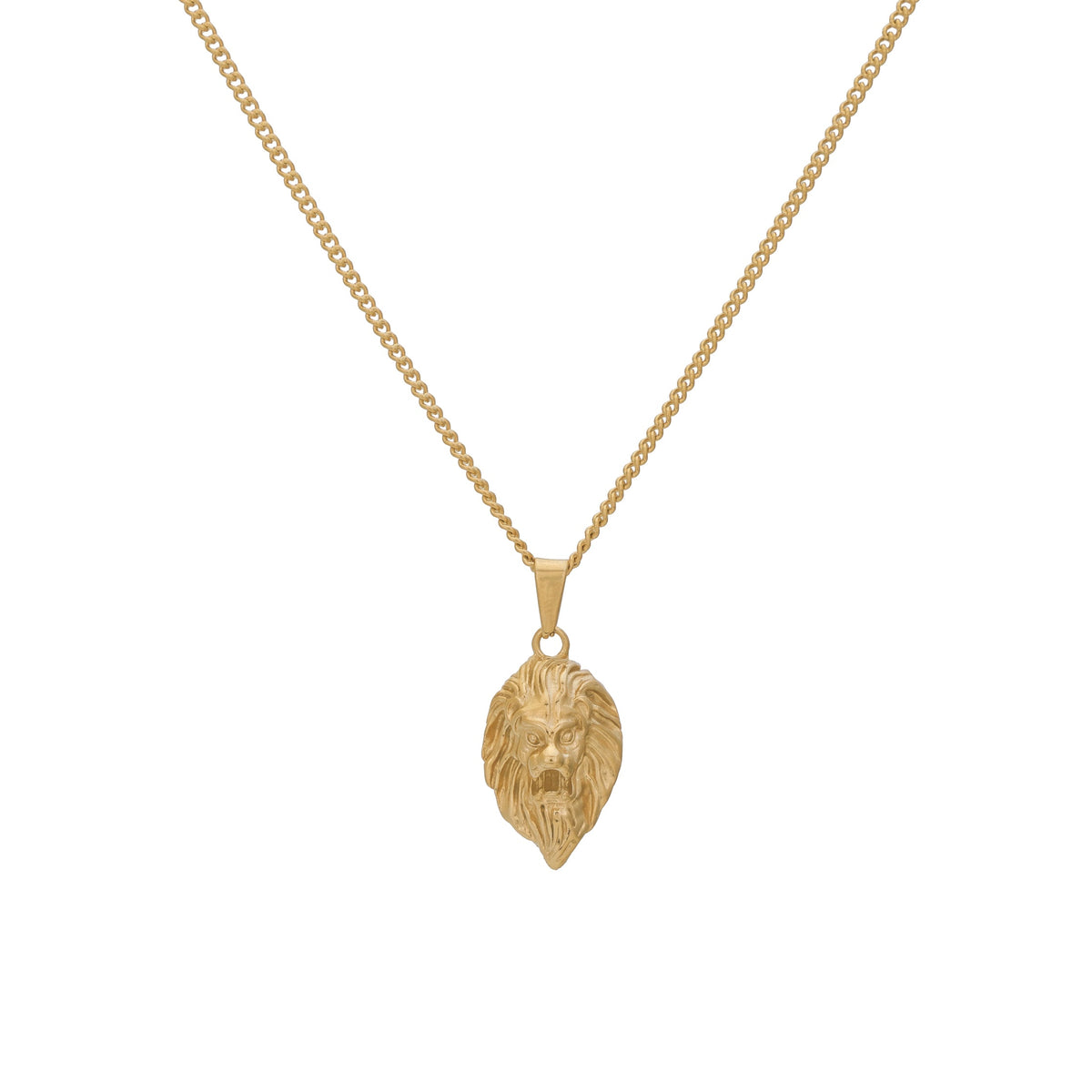 Gold-tone lion head pendant necklace with cable chain, pendant centered on the drop.