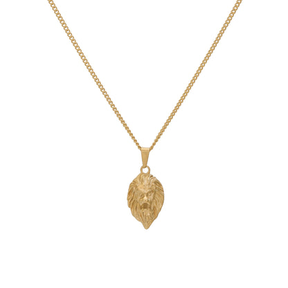 Gold-tone lion head pendant necklace with cable chain, pendant centered on the drop.