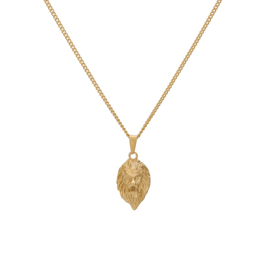 Gold-tone lion head pendant necklace with cable chain, pendant centered on the drop.
