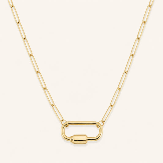 Gold-tone carabiner pendant necklace with rectangular clasp link chain