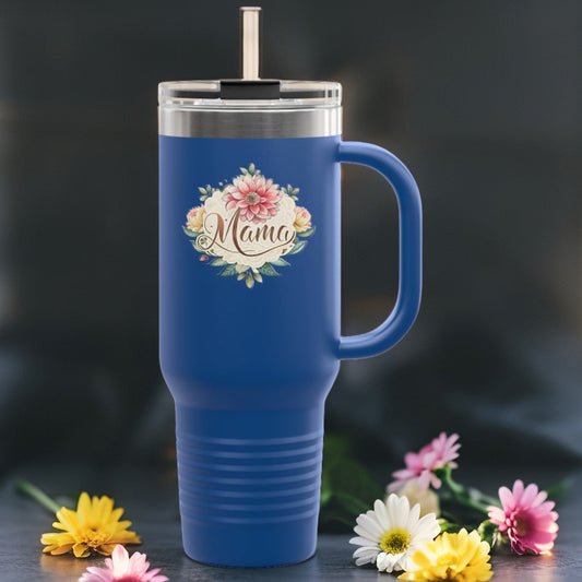 Blue insulated travel mug with “Mama” floral wreath on front and handle