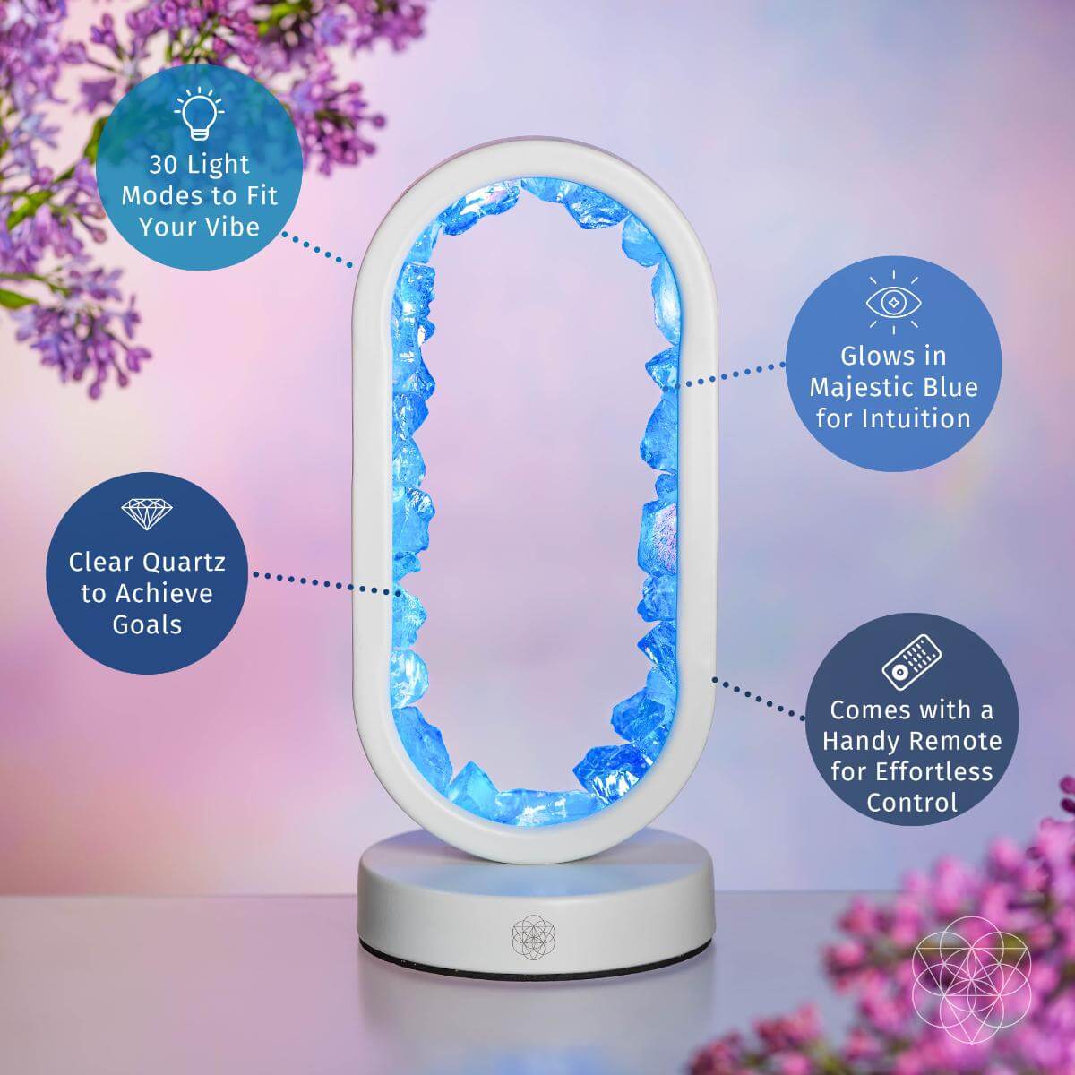 Clear quartz achievement lamp glowing blue oval centerpiece on white base