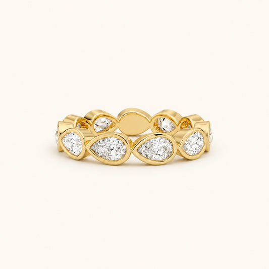 Gold eternity band with marquise and round clear stones in scalloped bezels