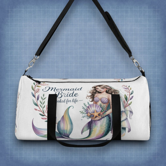 Mermaid Bride Duffel Bag – ‘Hooked for Life’ Watercolour Mermaid Bride Design | Small or Large | Bachelorette Bridal Shower Beach Wedding Honeymoon Gift