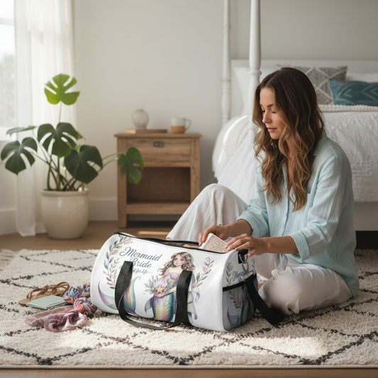 Mermaid Bride Duffel Bag – ‘Hooked for Life’ Watercolour Mermaid Bride Design | Small or Large | Bachelorette Bridal Shower Beach Wedding Honeymoon Gift
