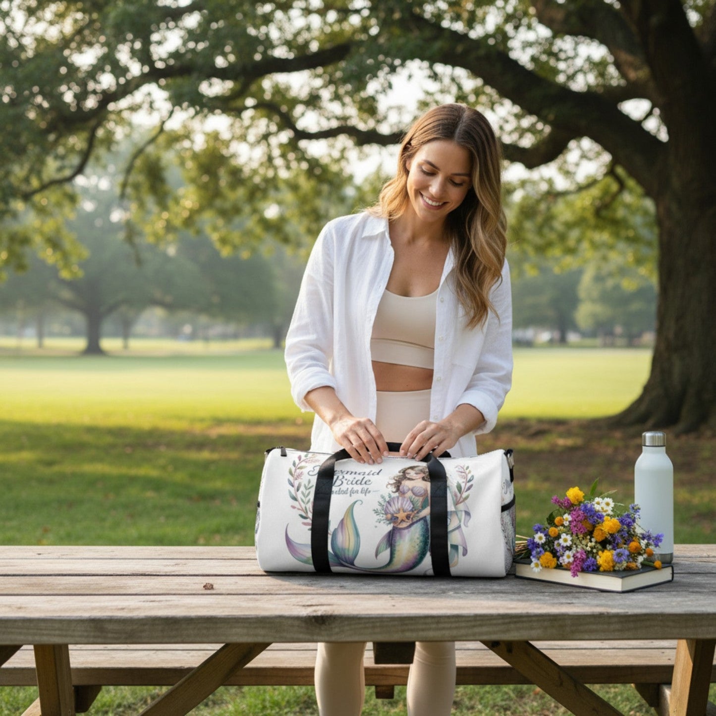 Mermaid Bride Duffel Bag – ‘Hooked for Life’ Watercolour Mermaid Bride Design | Small or Large | Bachelorette Bridal Shower Beach Wedding Honeymoon Gift