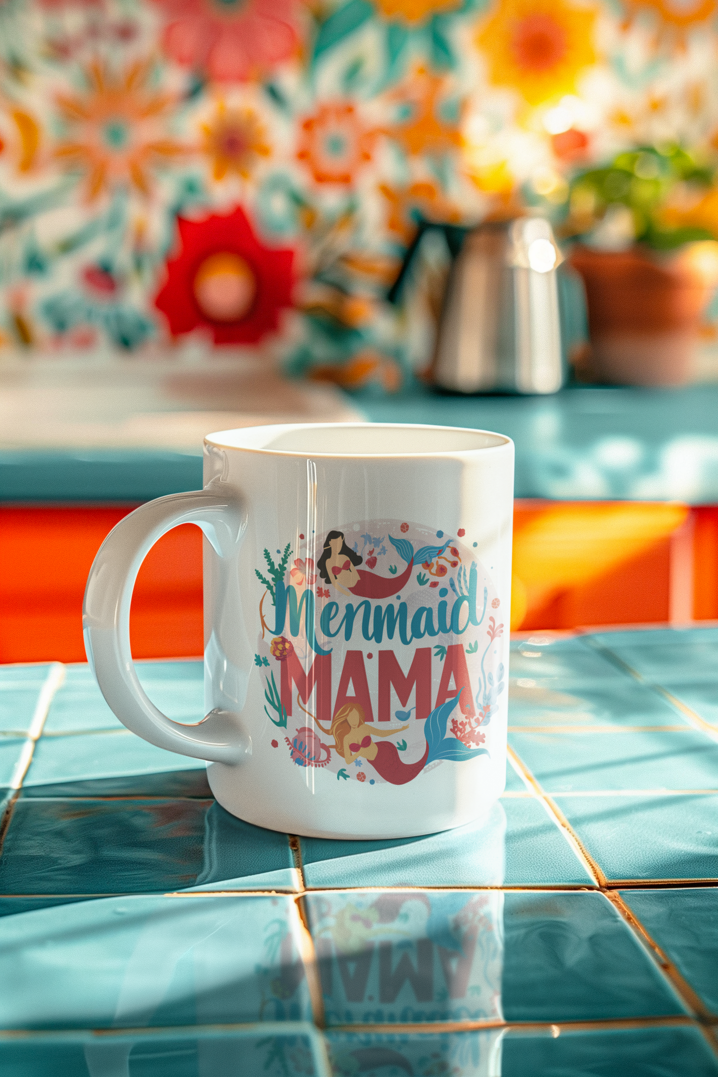 Mermaid Mama Mug – Mother & Daughter Mermaid Illustration | 11oz White Ceramic with Coloured Interior | Pink, Red or Black | Ocean Mum Coffee Tea Gift