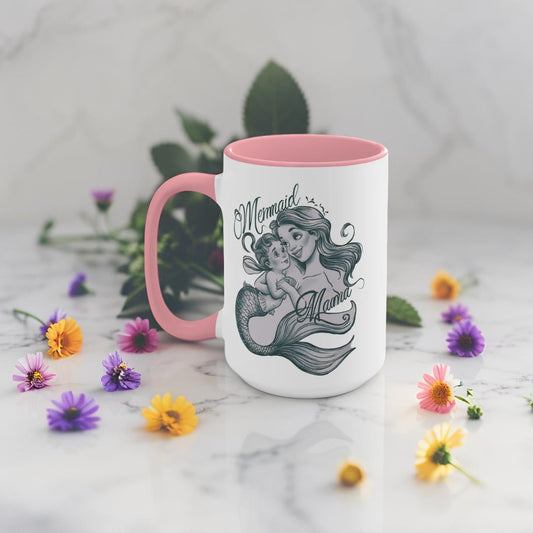 Mermaid Mama Accent Mug – Mother & Baby Mermaid Illustration | Pink Accent | 11oz & 15oz | Mermaid Mom Gift