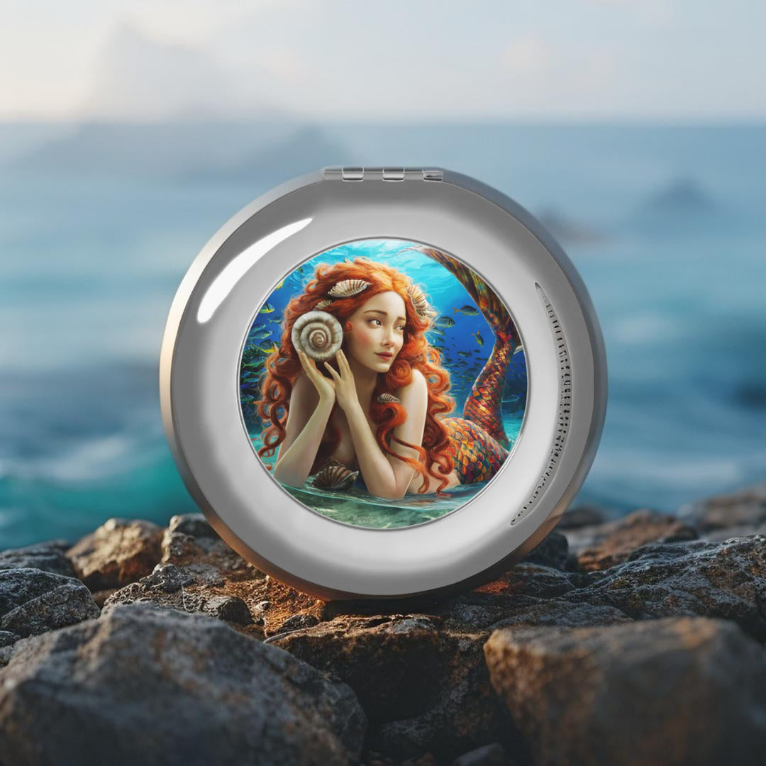 Mermaid Shell Compact Mirror – Red-Haired Mermaid Listening to the Sea | Silver Metal Glossy | Dual Glass Mirrors | Purse Travel Makeup Mirror Gift