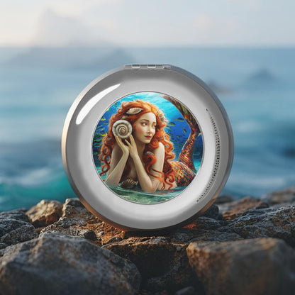 Mermaid Shell Compact Mirror – Red-Haired Mermaid Listening to the Sea | Silver Metal Glossy | Dual Glass Mirrors | Purse Travel Makeup Mirror Gift
