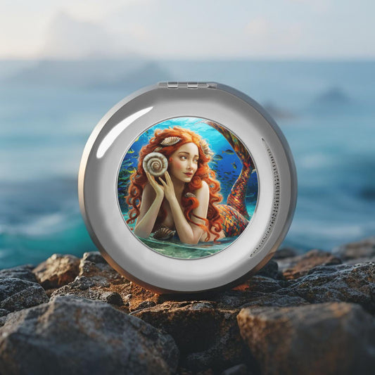Silver glossy compact travel mirror with mermaid shell round inset