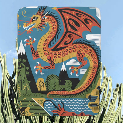 Mexican Dragon Sherpa Fleece Blanket - Folk Art Dragon Throw for Dragon Lovers, 50x60 and 60x80 Plush Sherpa Gift