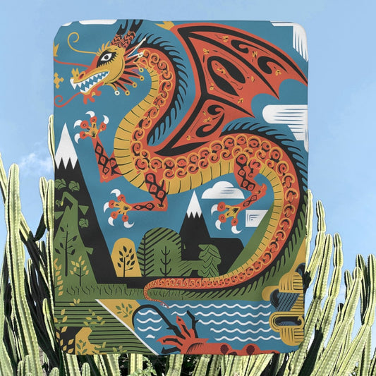 Mexican Dragon Sherpa Fleece Blanket - Folk Art Dragon Throw for Dragon Lovers, 50x60 and 60x80 Plush Sherpa Gift