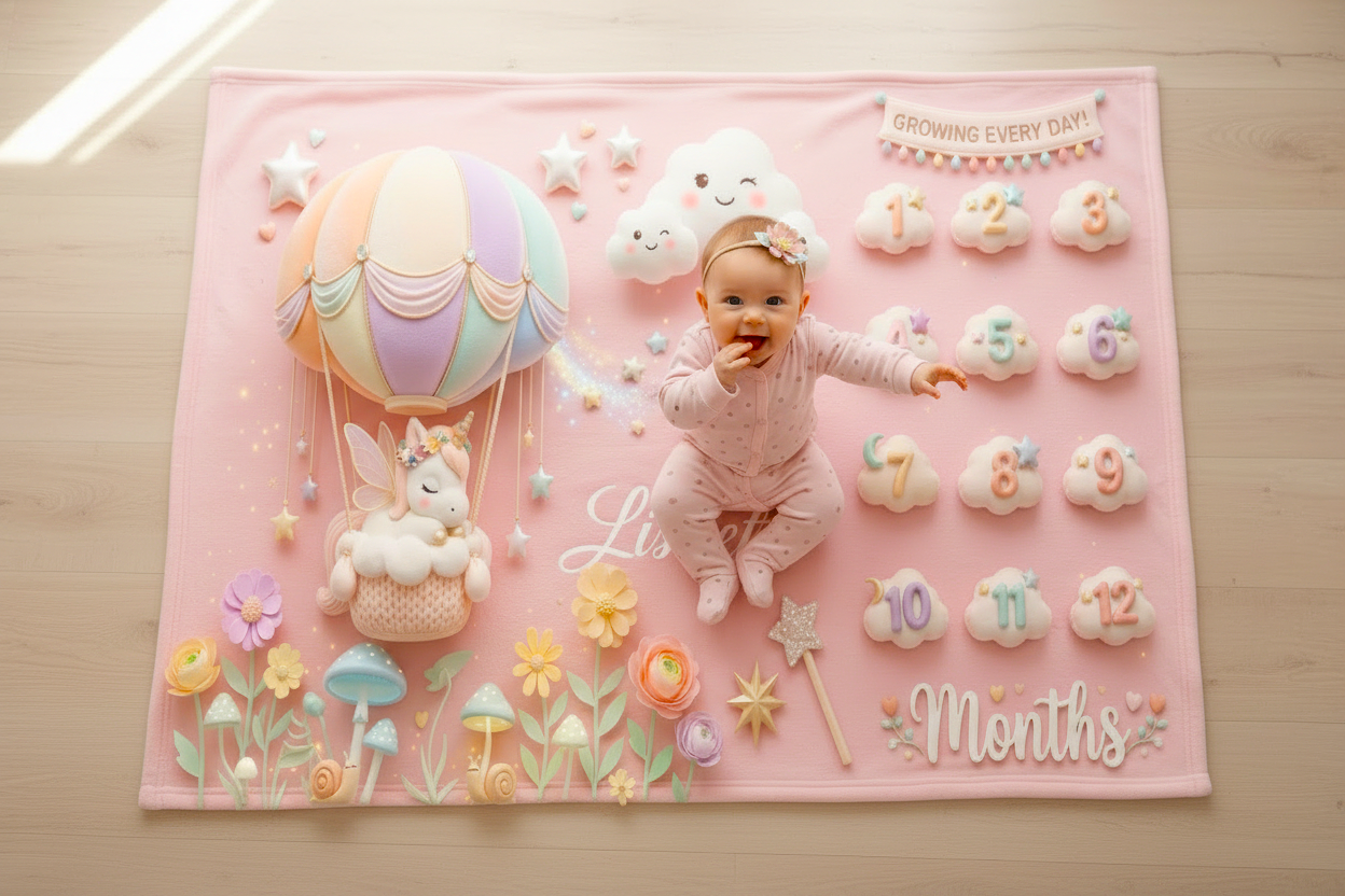 Pink milestone blanket with unicorn, hot air balloon, and 1–12 months design