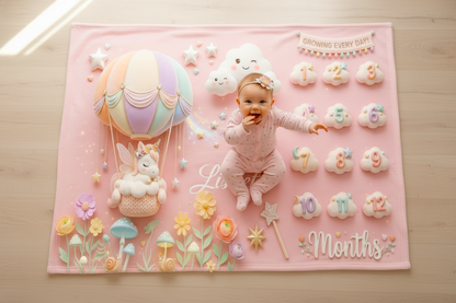Pink milestone blanket with unicorn, hot air balloon, and 1–12 months design