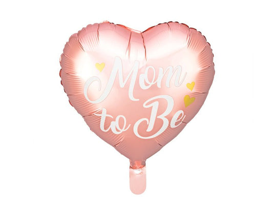 Pink heart balloon with “Mom to Be” text and heart-shaped foil sheen.