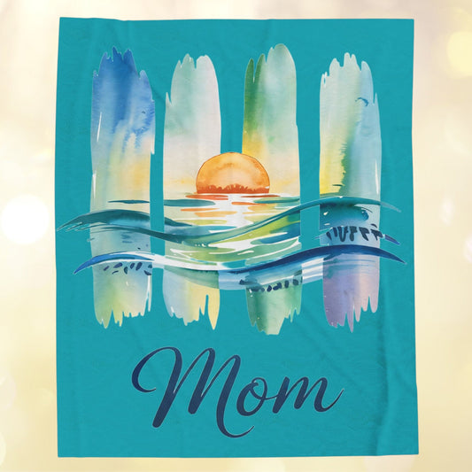Ocean Loving Mom Velveteen Plush Blanket – Watercolour Sunset Ocean Design | Super Soft Polyester | 3 Sizes | Mother’s Day Gift for Ocean Loving Mom