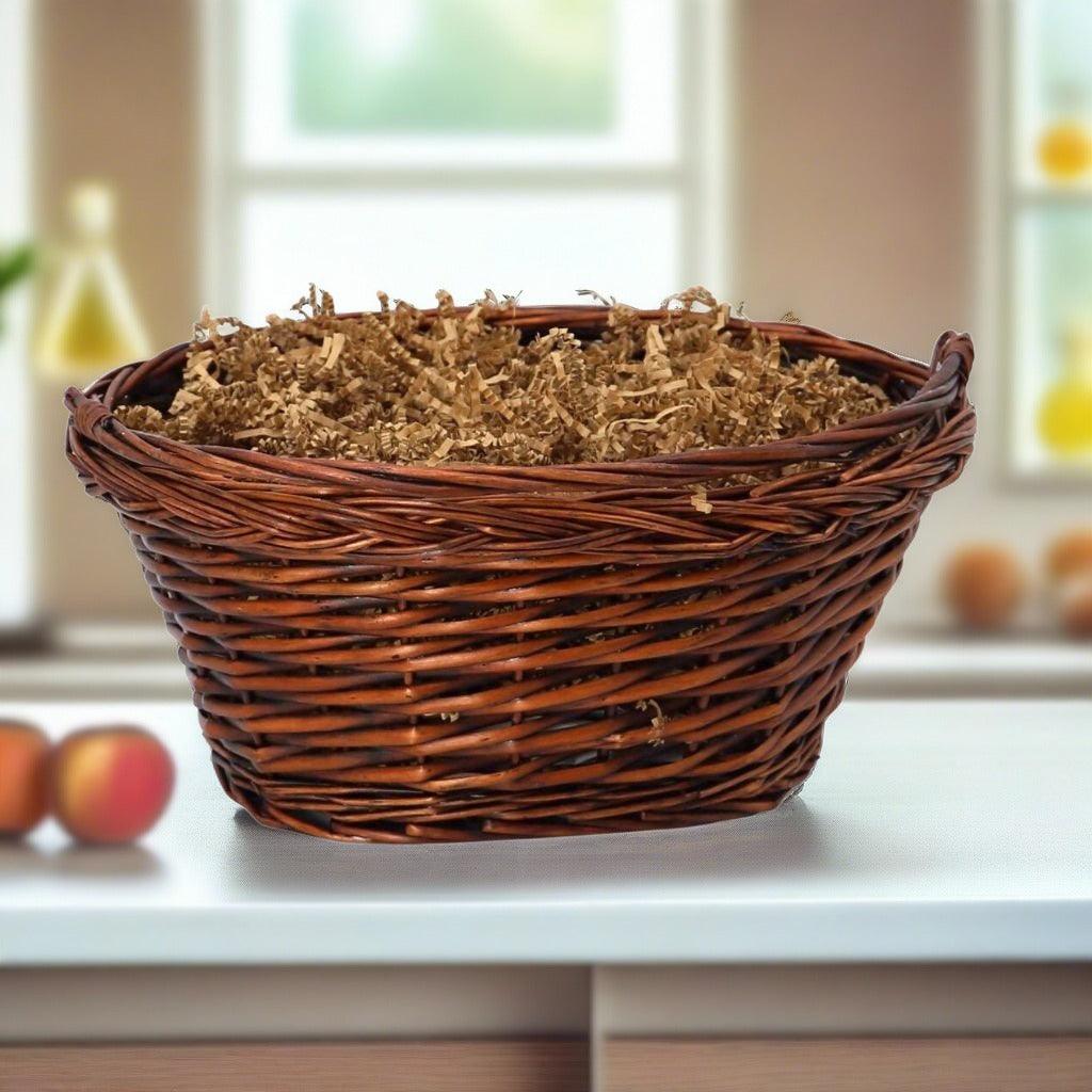 Wicker basket filled with shredded brown packing filler