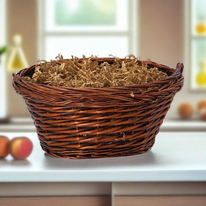Wicker basket filled with shredded brown packing filler
