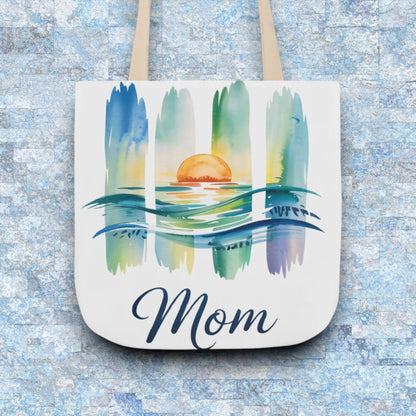 Mom Ocean Sunset Canvas Tote Bag – Watercolour Triptych Design | Polyester Canvas | 3 Sizes × 5 Strap Colours | Gift for Mom