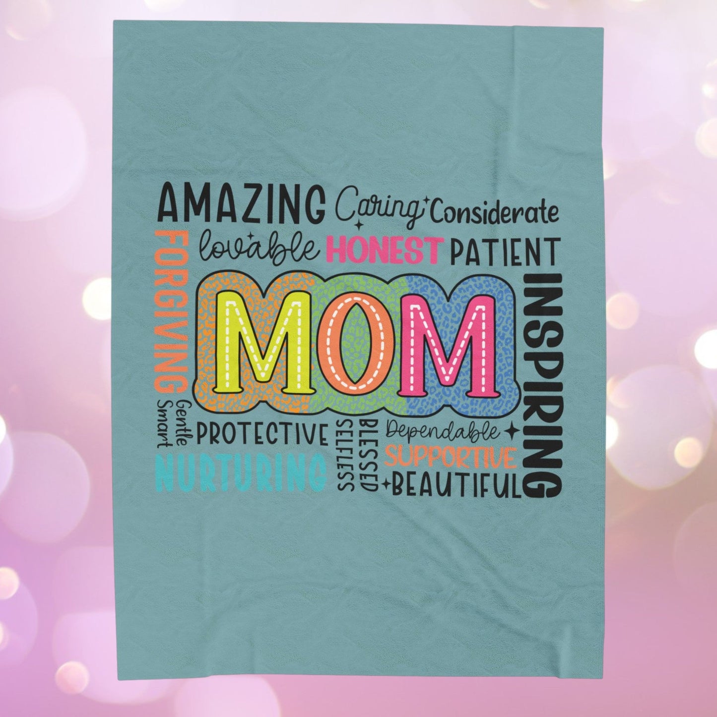 Mom Word Cloud Velveteen Plush Blanket – Amazing, Caring, Inspiring & More | Teal | Super Soft Throw | 3 Sizes | Mother’s Day Gift for Mum