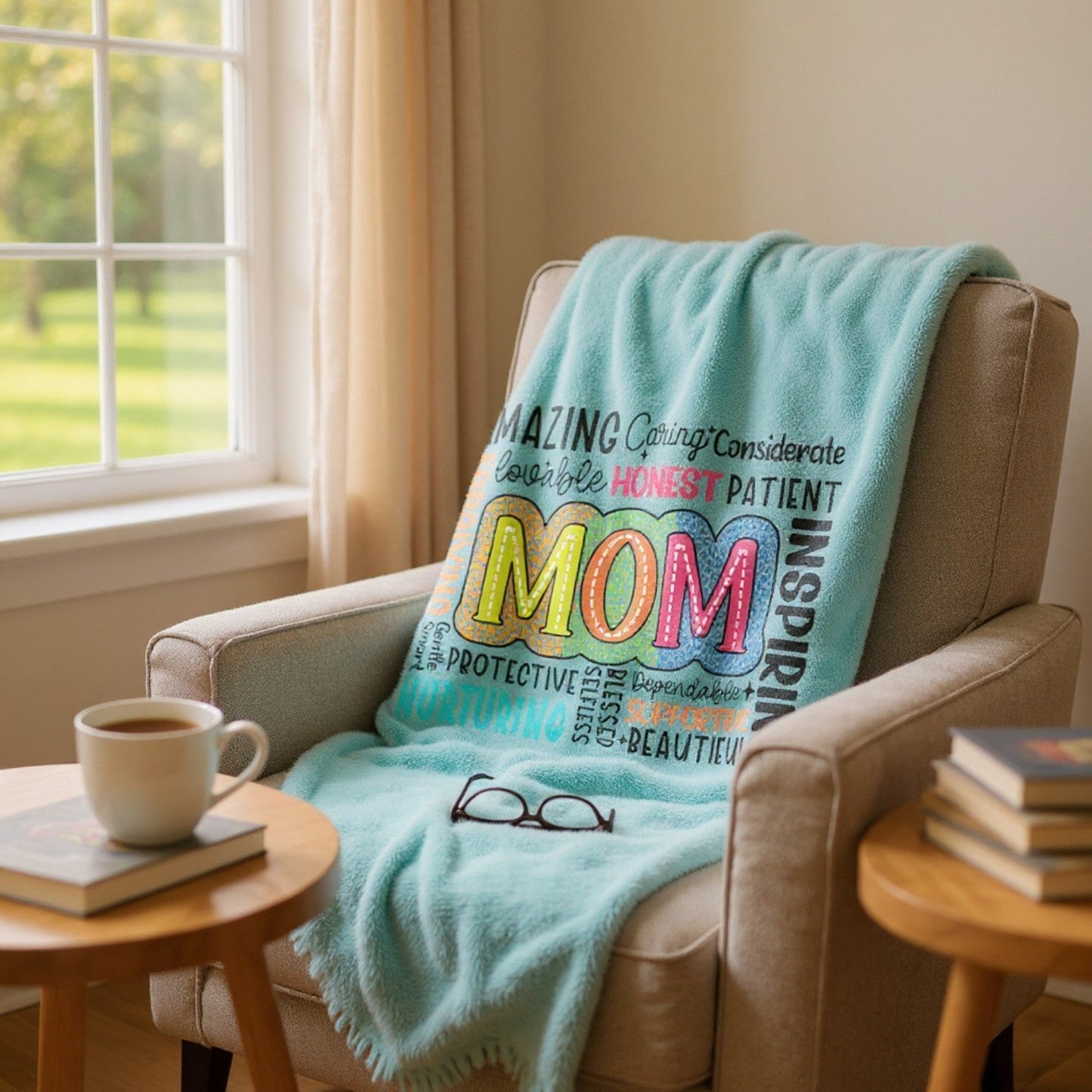 Mom Word Cloud Velveteen Plush Blanket – Amazing, Caring, Inspiring & More | Teal | Super Soft Throw | 3 Sizes | Mother’s Day Gift for Mum