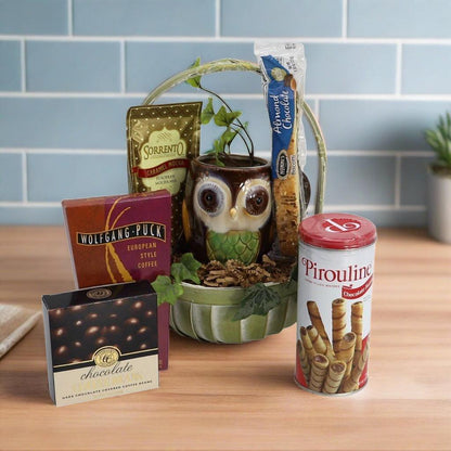 Gift basket with owl container, coffee and chocolate boxes, and wafer rolls canister