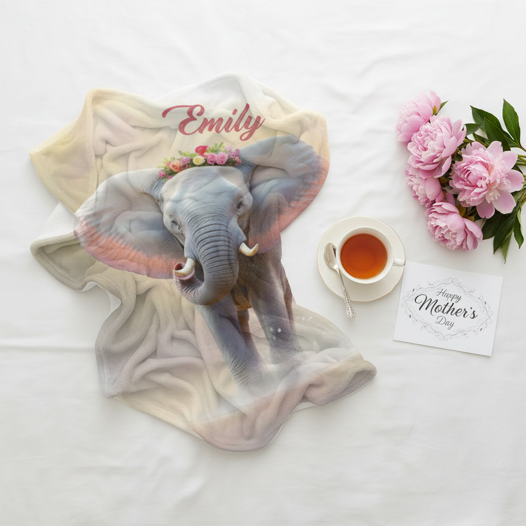 Personalized elephant photo blanket with “Emily” script and gray elephant portrait