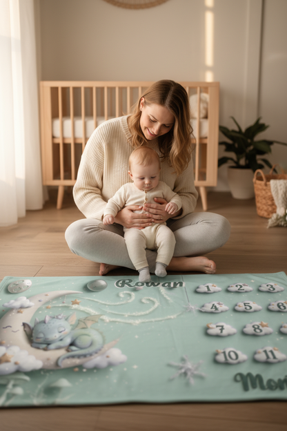 Mint milestone blanket with moon, stars, and numbered tiles 1–12 for baby milestones