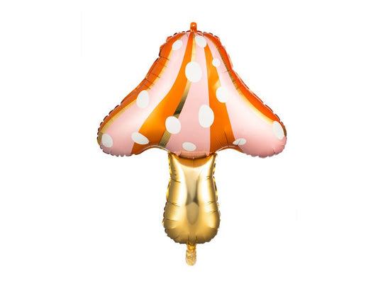 Polka-dot mushroom-shaped foil balloon with gold stem, orange and white