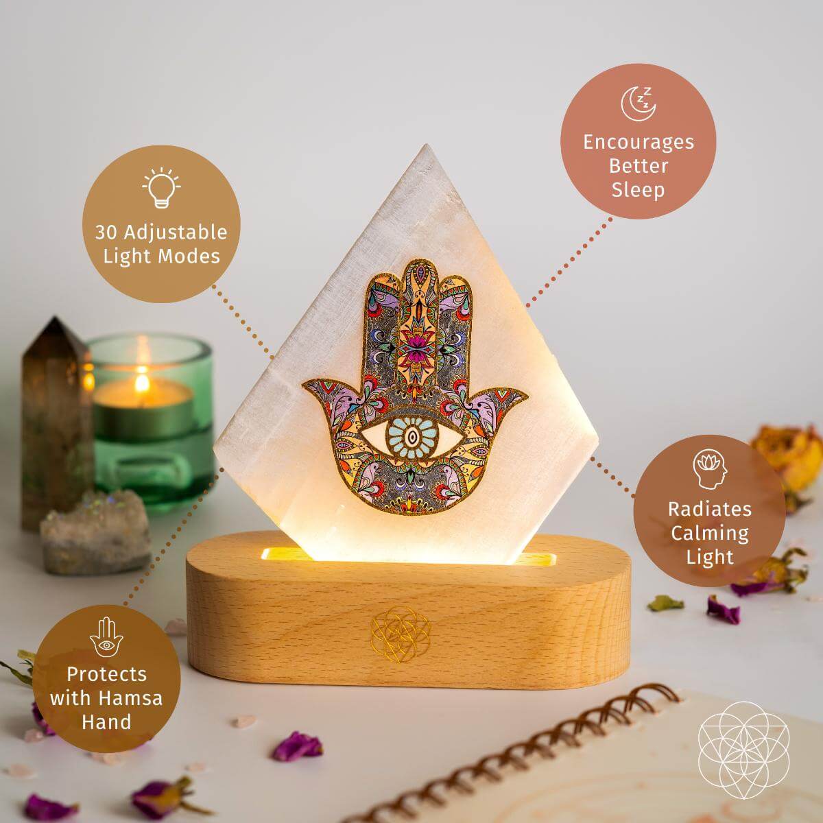 Pyramid mood lamp with glowing Hamsa panel on round wooden base