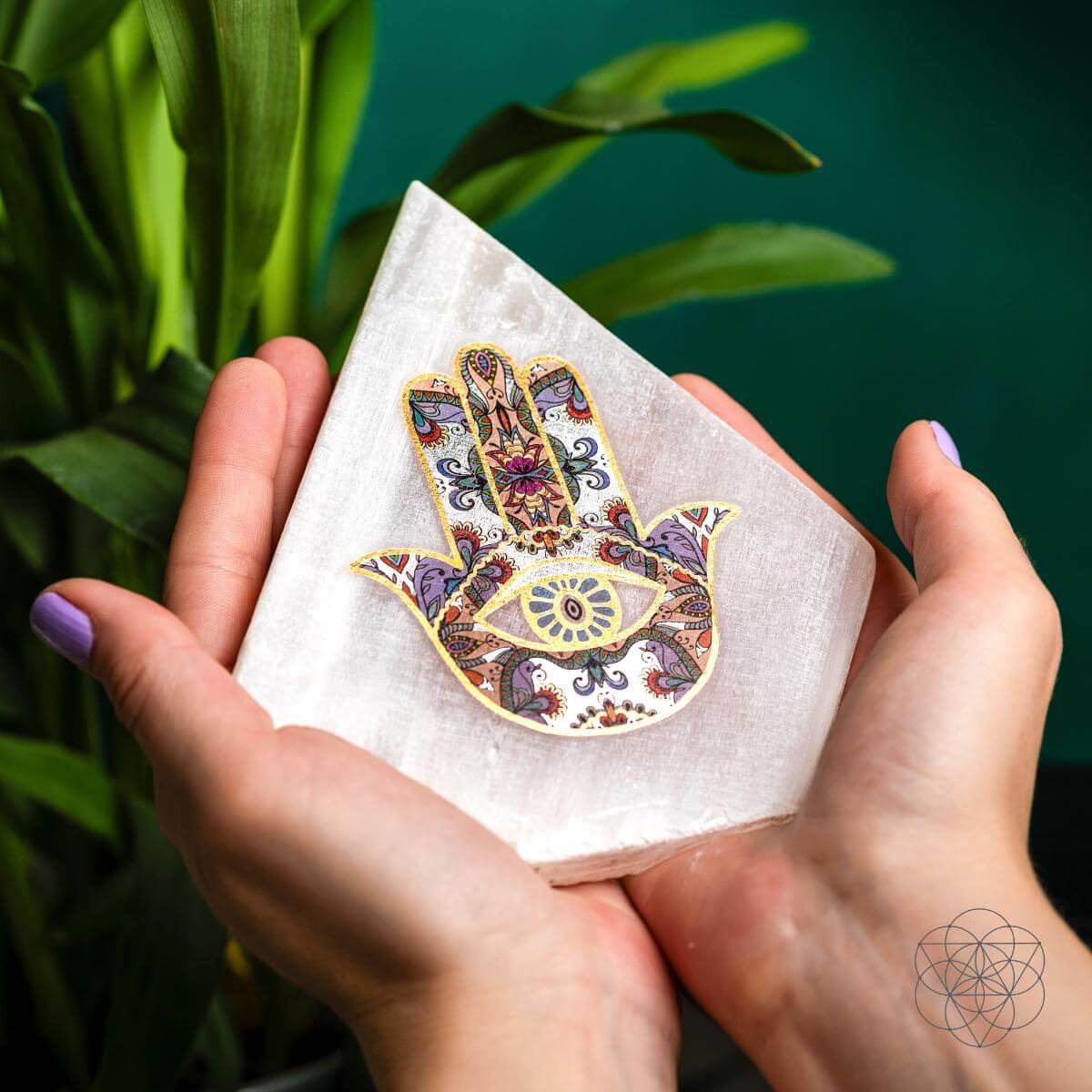 Held pyramid mood lamp shade with colorful Hamsa print