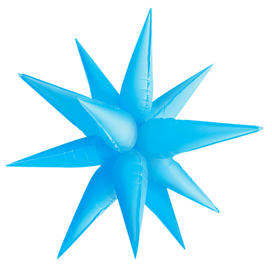 Neon blue starburst foil balloon with pointed petals and a small string loop