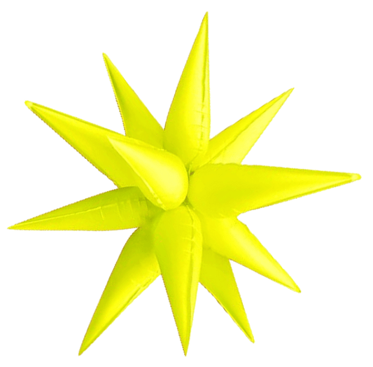 Neon yellow starburst balloon with an eight-point star shape, close-up