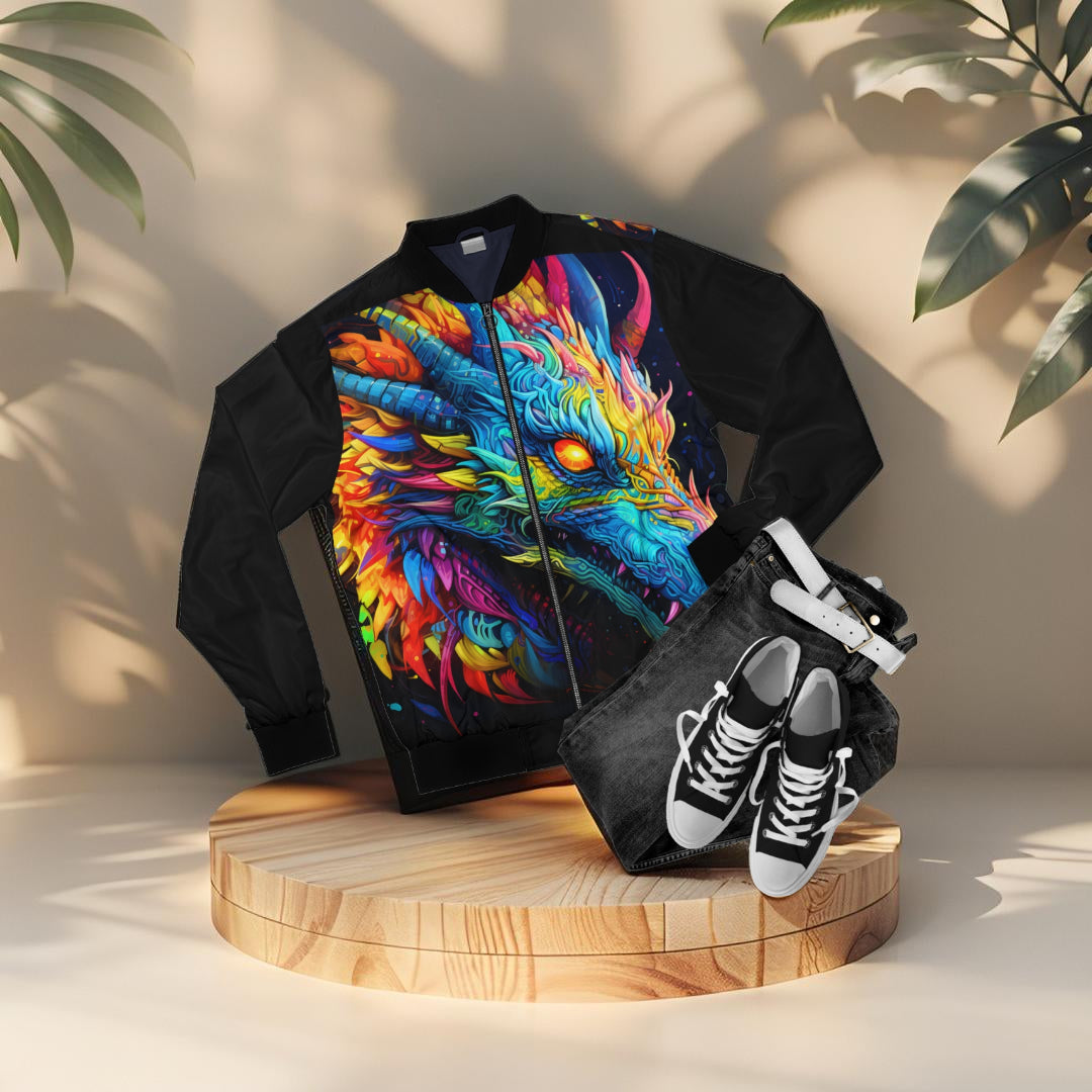 Neon Dragon Bomber Jacket - Psychedelic Multicolor Dragon on Black, Fantasy Festival Streetwear for Men and Women XS to 5XL
